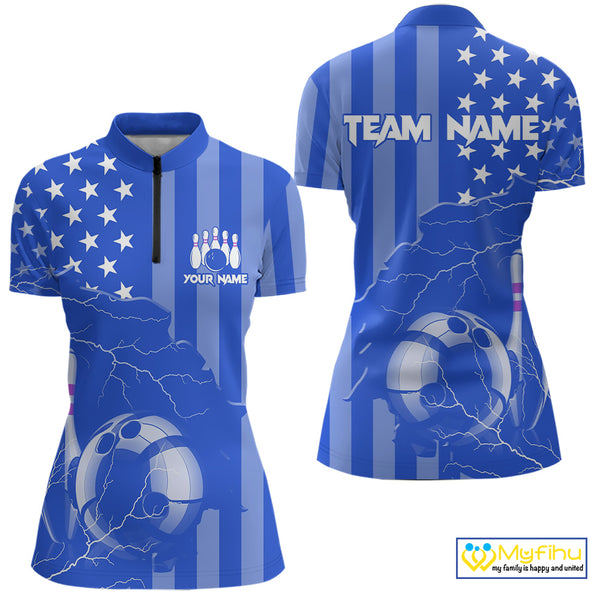 Personalized Blue American flag Lightning thunder Custom Bowling Team Shirts For Women Bowling Jersey NQS9857