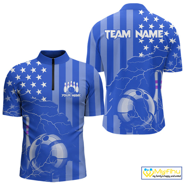 Personalized Blue American flag Lightning thunder Custom Bowling Team Shirts For Mens Bowling Jersey NQS9857