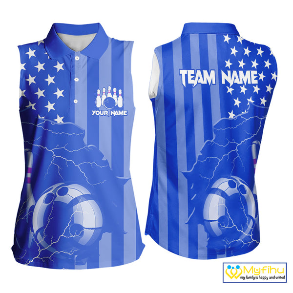 Personalized Blue American flag Lightning thunder Custom Bowling Sleeveless Polo shirt Bowling Jersey NQS9857