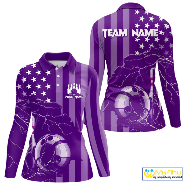 Personalized Purple American flag Lightning thunder Custom Women Bowling Team Shirts Bowling Jersey NQS9858