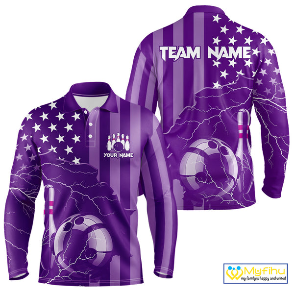 Personalized Purple American flag Lightning thunder Custom Bowling Team Shirts For Mens Bowling Jersey NQS9858
