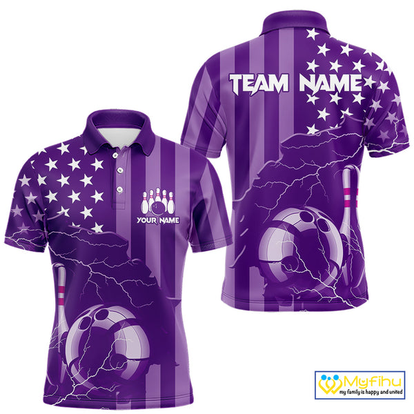 Personalized Purple American flag Lightning thunder Custom Bowling Team Shirts For Mens Bowling Jersey NQS9858