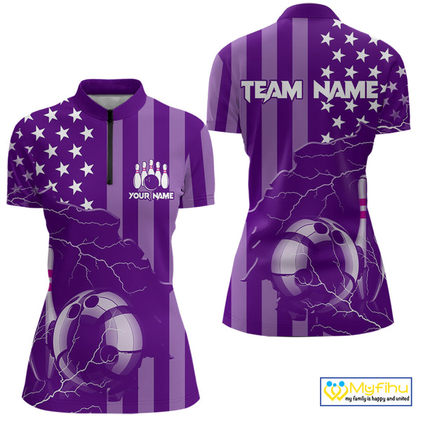 Personalized Purple American flag Lightning thunder Custom Women Bowling Team Shirts Bowling Jersey NQS9858
