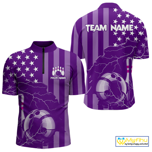 Personalized Purple American flag Lightning thunder Custom Bowling Team Shirts For Mens Bowling Jersey NQS9858