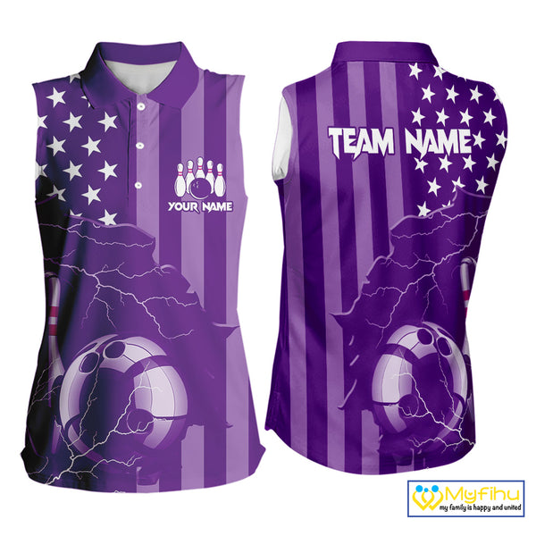Personalized Purple American flag Lightning thunder Custom Women Bowling Sleeveless Polo shirt Jersey NQS9858