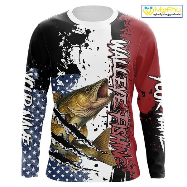Red, white and blue Walleye fishing American Flag Custom patriotic Walleye fishing jerseys NQS9859
