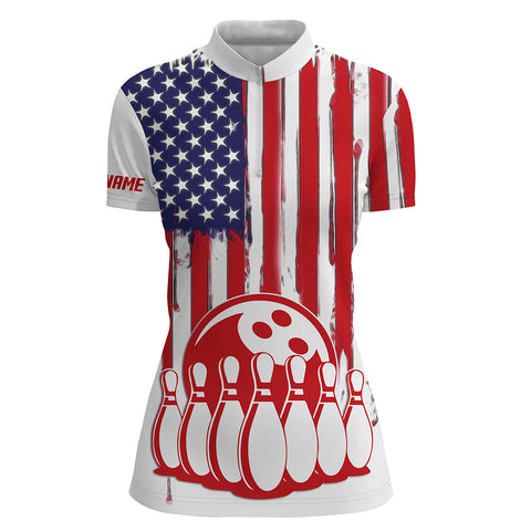 Womens bowling Quarter Zip shirts custom American flag bowling ball pins team bowling jerseys NQS5415