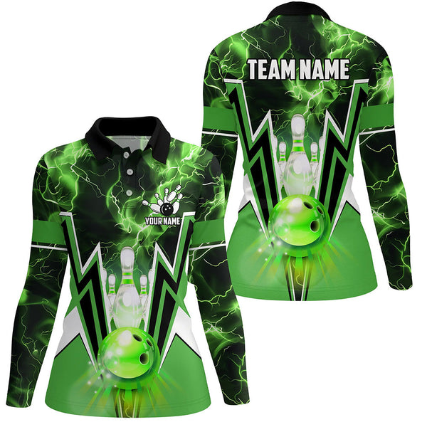 Green lightning thunder Bowling Polo, 1/4 Zip Shirt for Women Custom Bowling Team Jerseys for bowlers NQS7591