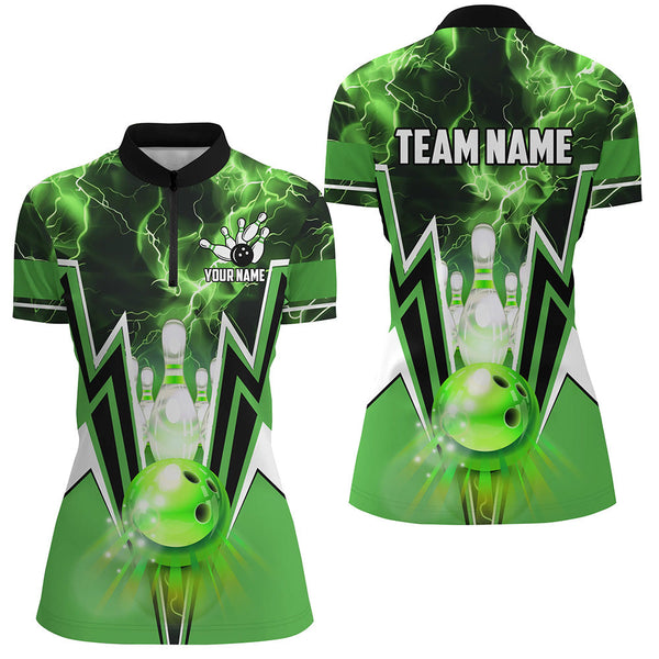 Green lightning thunder Bowling Polo, 1/4 Zip Shirt for Women Custom Bowling Team Jerseys for bowlers NQS7591