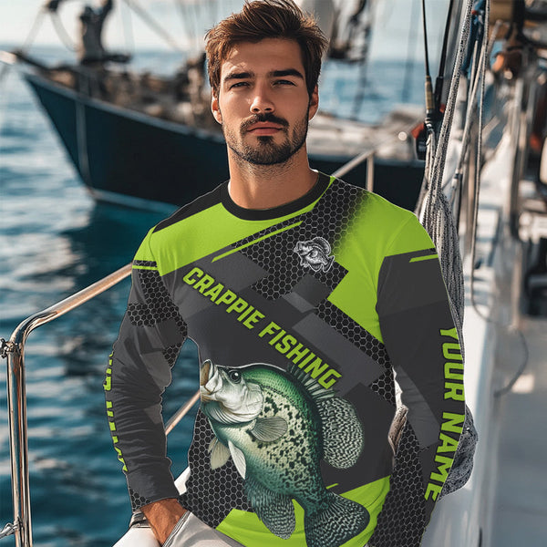 Personalized Crappie Fishing Jerseys, Crappie Long Sleeve Fishing Tournament Shirts | Green NQS7780