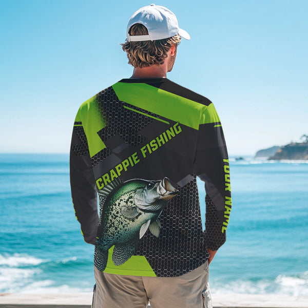Personalized Crappie Fishing Jerseys, Crappie Long Sleeve Fishing Tournament Shirts | Green NQS7780