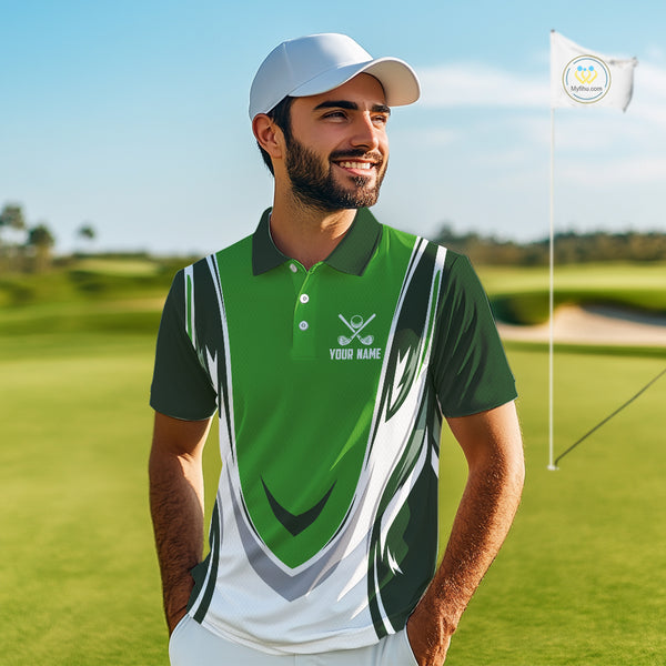 Green and white Mens golf polo shirts custom golf attire for men, gifts for golf lovers NQS10084