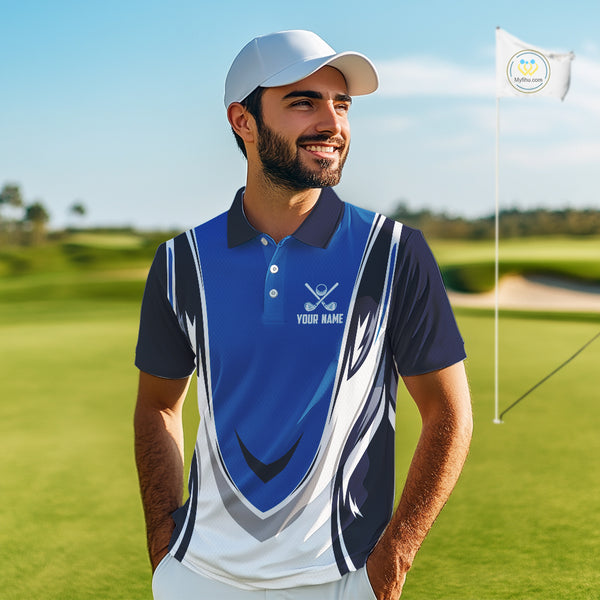 Blue and white Mens golf polo shirts custom golf attire for men, gifts for golf lovers NQS10085