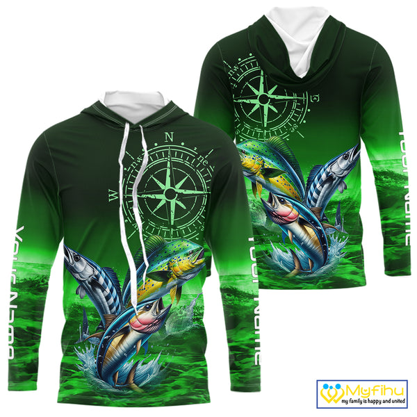 Personalized Mahi Mahi, Wahoo, Tuna Green Performance Fishing Shirt,compass offshore tournament Shirt NQS10234