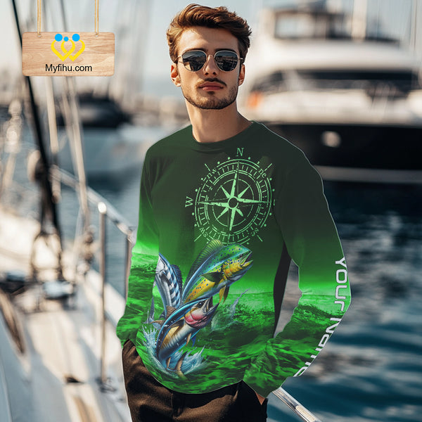 Personalized Mahi Mahi, Wahoo, Tuna Green Performance Fishing Shirt,compass offshore tournament Shirt NQS10234