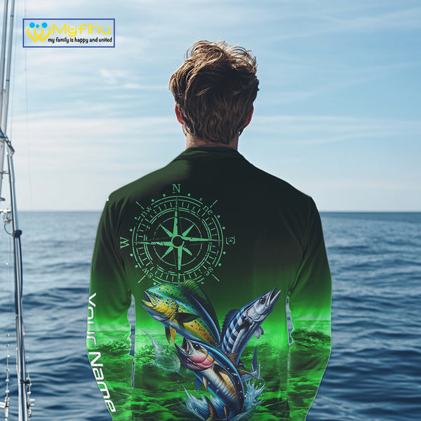 Personalized Mahi Mahi, Wahoo, Tuna Green Performance Fishing Shirt,compass offshore tournament Shirt NQS10234