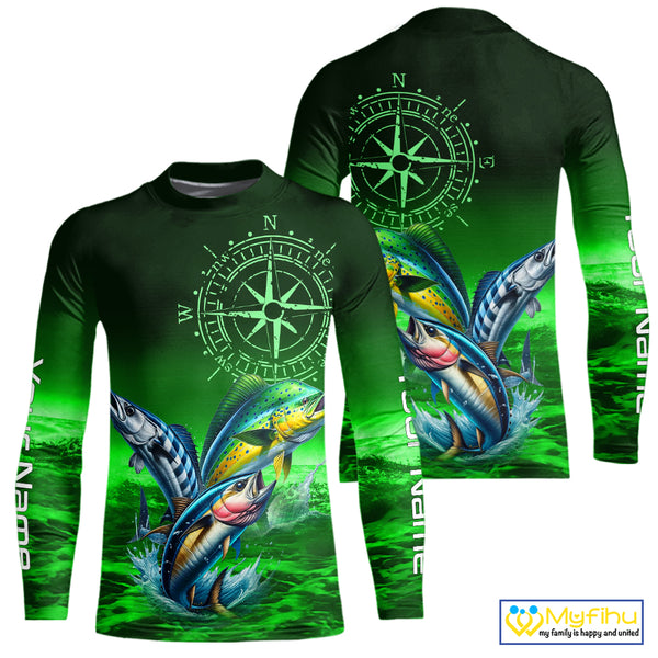 Personalized Mahi Mahi, Wahoo, Tuna Green Performance Fishing Shirt,compass offshore tournament Shirt NQS10234