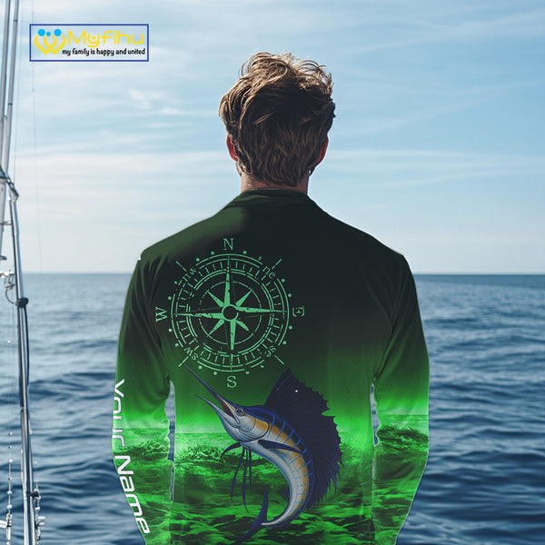 Personalized Sailfish Green Performance Fishing Shirts, compass Sailfish fishing tournament Shirts NQS10235