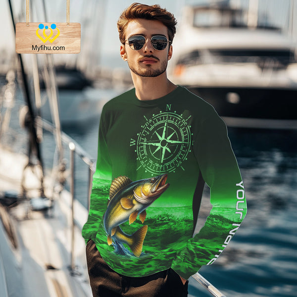 Personalized Walleye Green Performance Fishing Shirts, compass Walleye fishing tournament Shirts NQS10236