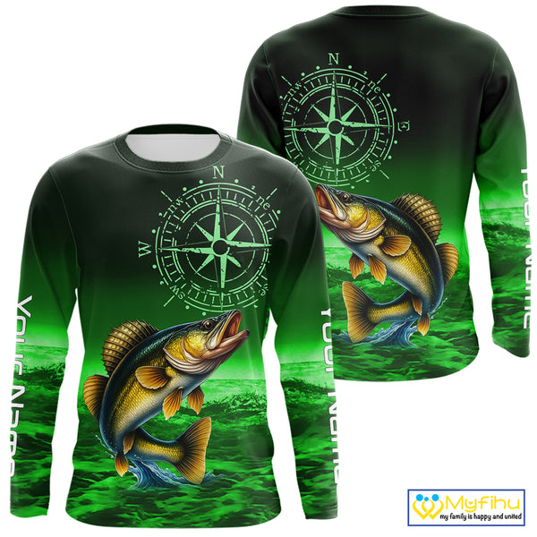 Personalized Walleye Green Performance Fishing Shirts, compass Walleye fishing tournament Shirts NQS10236