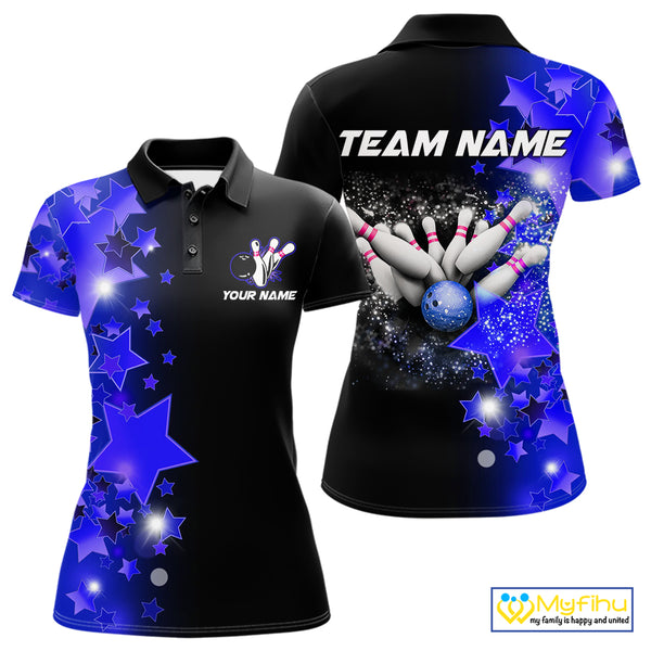 Women's bowling Polo, Quarter Zip shirts Custom Blue Stars Bowling Team Bowlers Jersey NQS10598