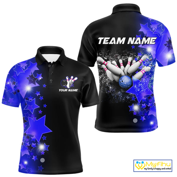 Men bowling Polo, Quarter Zip shirts Custom Blue Stars Bowling Team Bowlers Jersey NQS10598