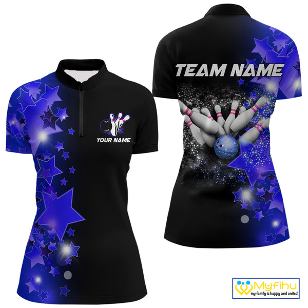 Women's bowling Polo, Quarter Zip shirts Custom Blue Stars Bowling Team Bowlers Jersey NQS10598