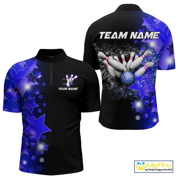Men bowling Polo, Quarter Zip shirts Custom Blue Stars Bowling Team Bowlers Jersey NQS10598