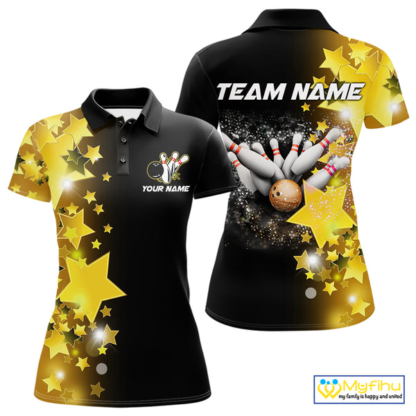 Women's bowling Polo, Quarter Zip shirts Custom Gold Stars Bowling Team Bowlers Jersey NQS10599