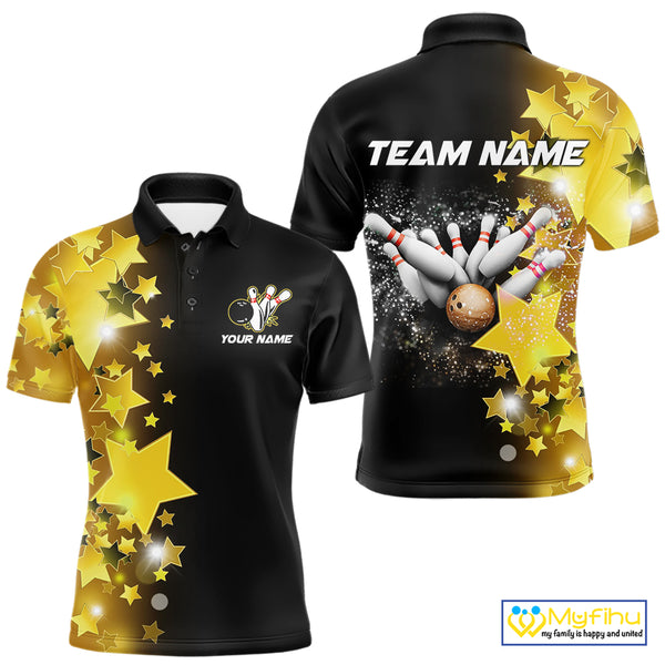 Men bowling Polo, Quarter Zip shirts Custom Gold Stars Bowling Team Bowlers Jersey NQS10599