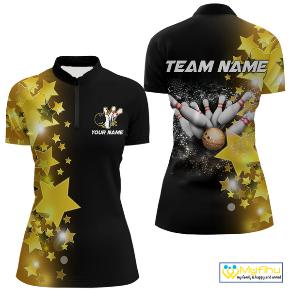 Women's bowling Polo, Quarter Zip shirts Custom Gold Stars Bowling Team Bowlers Jersey NQS10599