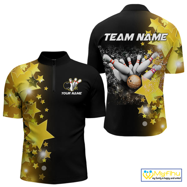 Men bowling Polo, Quarter Zip shirts Custom Gold Stars Bowling Team Bowlers Jersey NQS10599