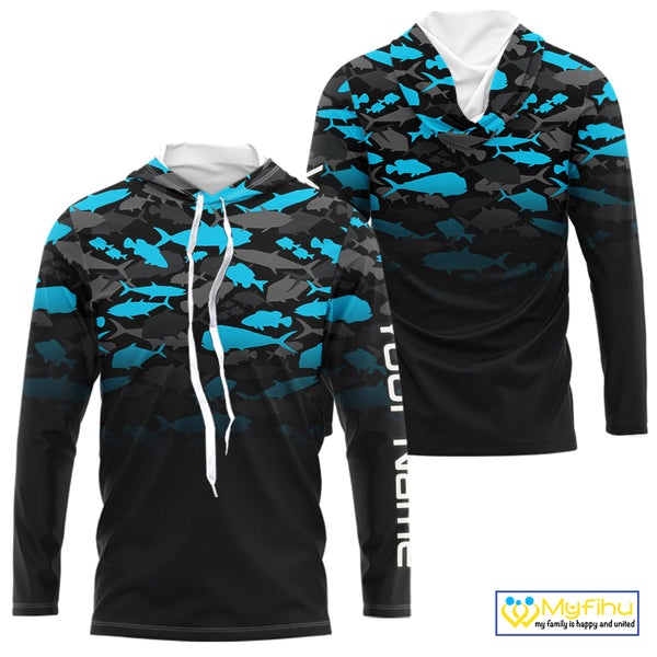 Fishing black and blue camouflage UV long sleeve hooded camo fishing shirts Custom fishing apparel NQS10600