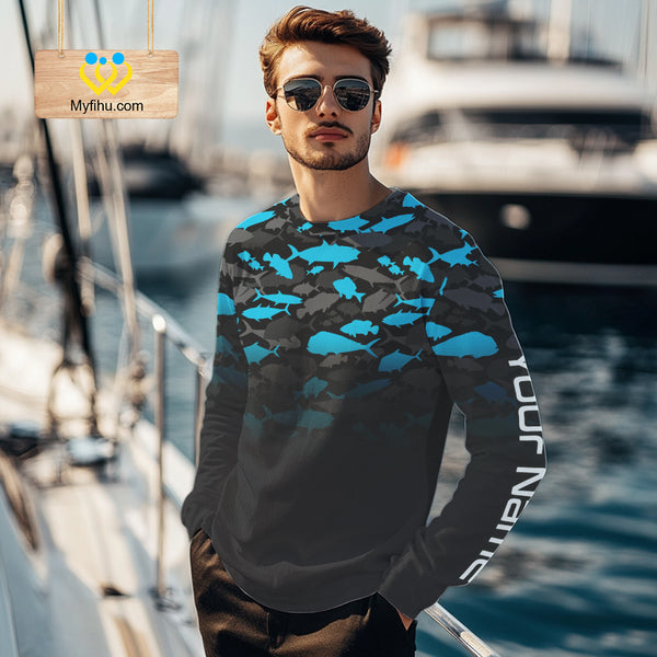 Fishing black and blue camouflage UV long sleeve hooded camo fishing shirts Custom fishing apparel NQS10600
