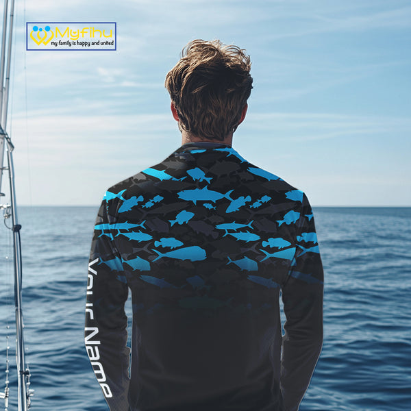 Fishing black and blue camouflage UV long sleeve hooded camo fishing shirts Custom fishing apparel NQS10600