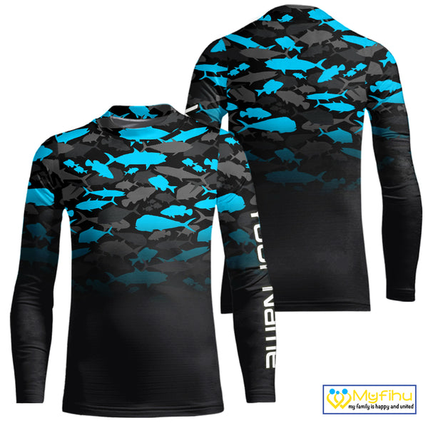 Fishing black and blue camouflage UV long sleeve hooded camo fishing shirts Custom fishing apparel NQS10600