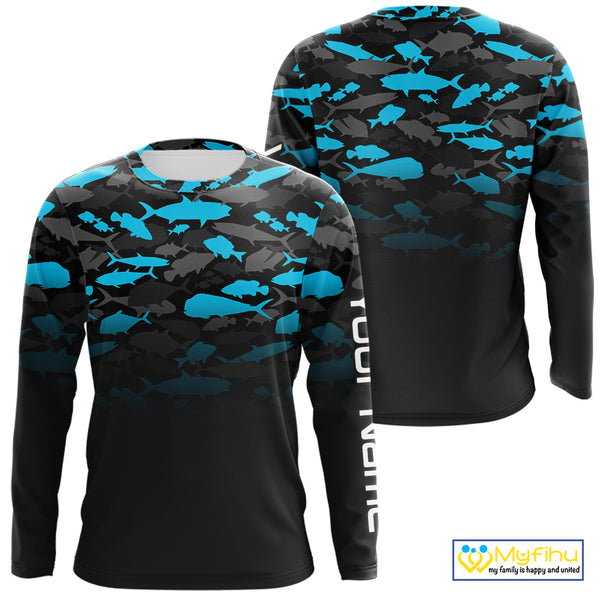 Fishing black and blue camouflage UV long sleeve hooded camo fishing shirts Custom fishing apparel NQS10600