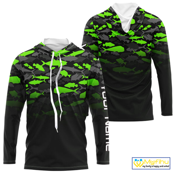Fishing black and green camouflage UV long sleeve hooded camo fishing shirts Custom fishing apparel NQS10601