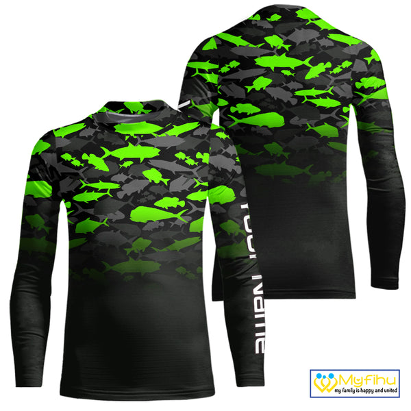 Fishing black and green camouflage UV long sleeve hooded camo fishing shirts Custom fishing apparel NQS10601