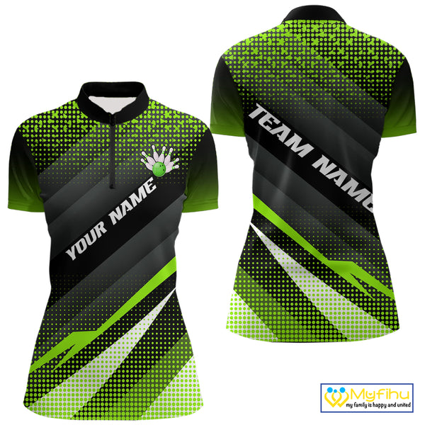 Green Bowling Custom Women Bowling Polo, Quarter zip Shirts Bowling Team Jerseys Bowling Tournament NQS10604