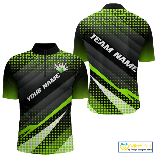 Green Bowling Custom Men Bowling Polo, Quarter zip Shirts Bowling Team Jerseys Bowling Tournament NQS10604