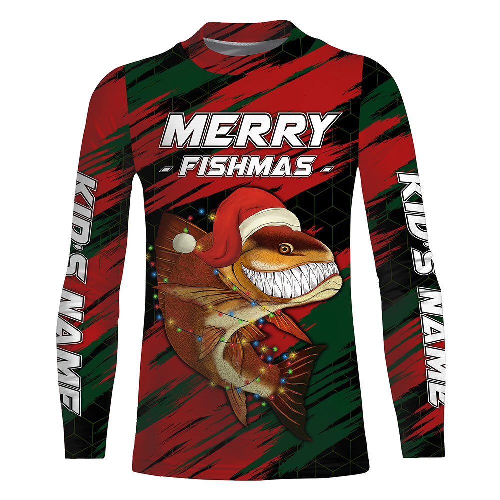 Personalized funny Christmas Redfish Fishing Shirts, Mery fishmas