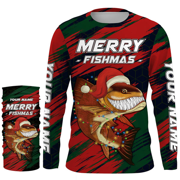 Personalized funny Christmas Redfish Fishing Shirts, Mery fishmas Fishing gift for men, women, kid NQS6817