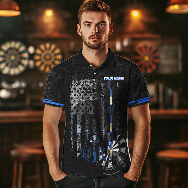 Black & White grunge American Flag Skull Darts Shirt For Men Custom patriotic Team Darts Jersey | Blue NQS9343