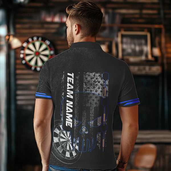 Black & White grunge American Flag Skull Darts Shirt For Men Custom patriotic Team Darts Jersey | Blue NQS9343