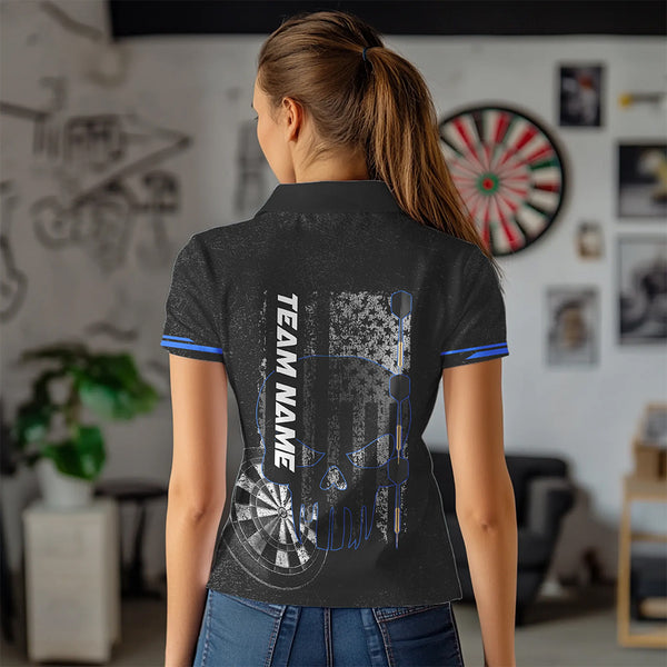 Black & White grunge American Flag Skull Women Darts Shirts Custom patriotic Team Darts Jersey | Blue NQS9343
