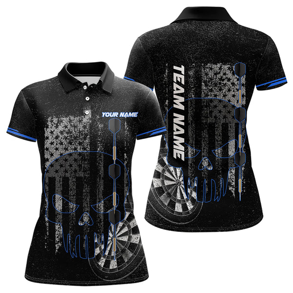 Black & White grunge American Flag Skull Women Darts Shirts Custom patriotic Team Darts Jersey | Blue NQS9343