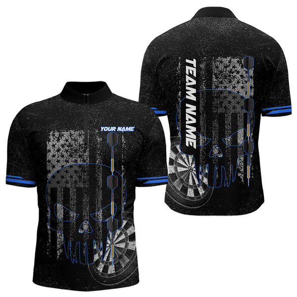 Black & White grunge American Flag Skull Darts Shirt For Men Custom patriotic Team Darts Jersey | Blue NQS9343