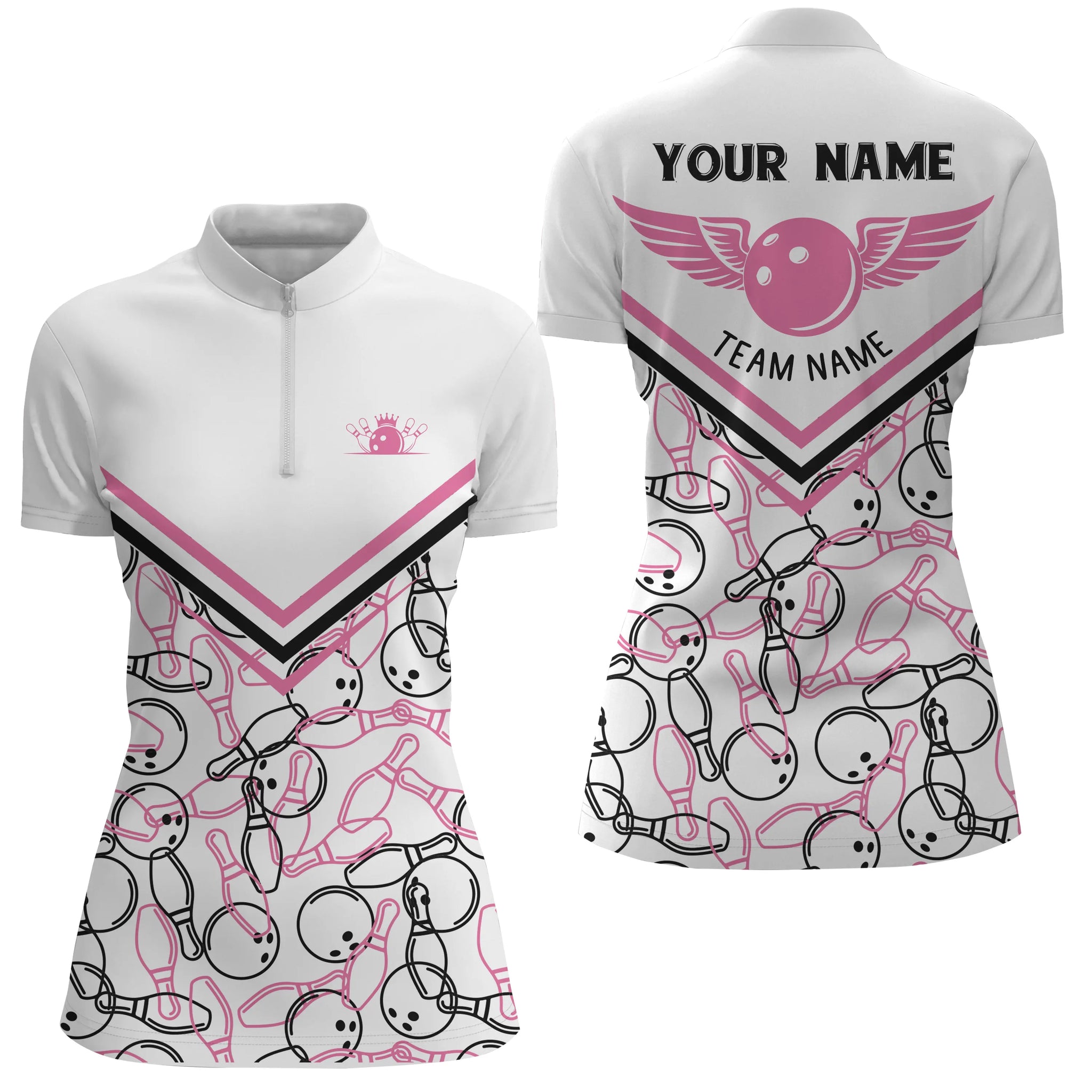 Personalized 3D bowling shirts for women, Custom white pink Quarter Zip Bowling Shirts for Girls NQS4706