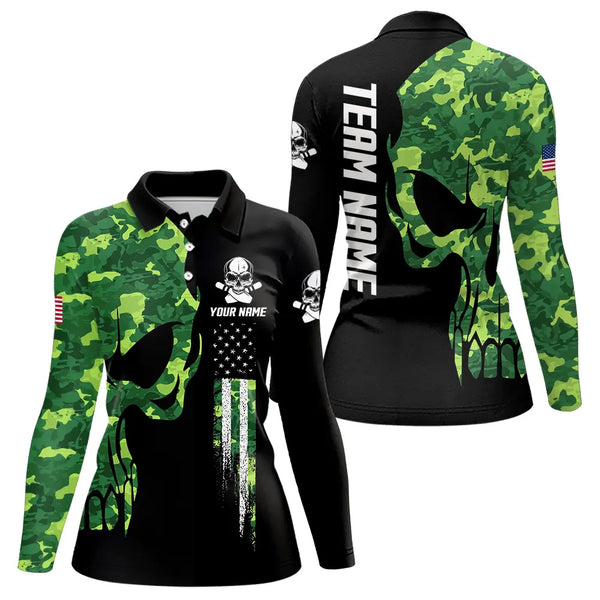 Skull Green Camouflage American Flag Women Bowling Shirt Custom Patriotic Bowling Ladies Team Jerseys NQS9641